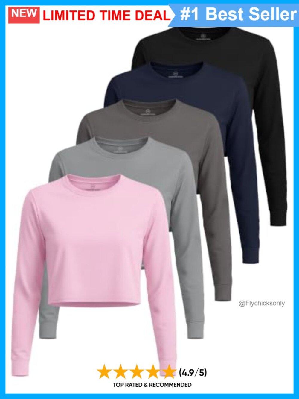 5 Pack Women's Dry Fit Long Sleeve Crop Tops Workout Athletic Crew Neck